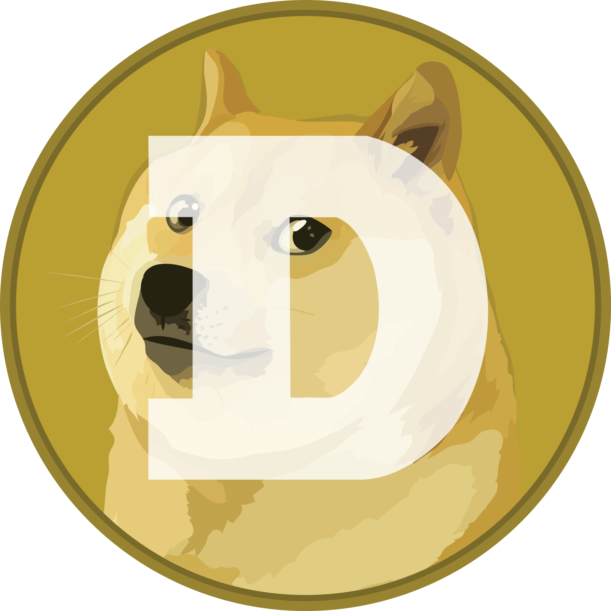 Illustration d'un chien Shiba Inu, communément associé à la crypto-monnaie Dogecoin, sur un fond circulaire doré. L'image présente une grande lettre « D » blanche et stylisée recouvrant le visage du chien, soulignant son lien avec les cryptomonnaies et les transactions cryptographiques.