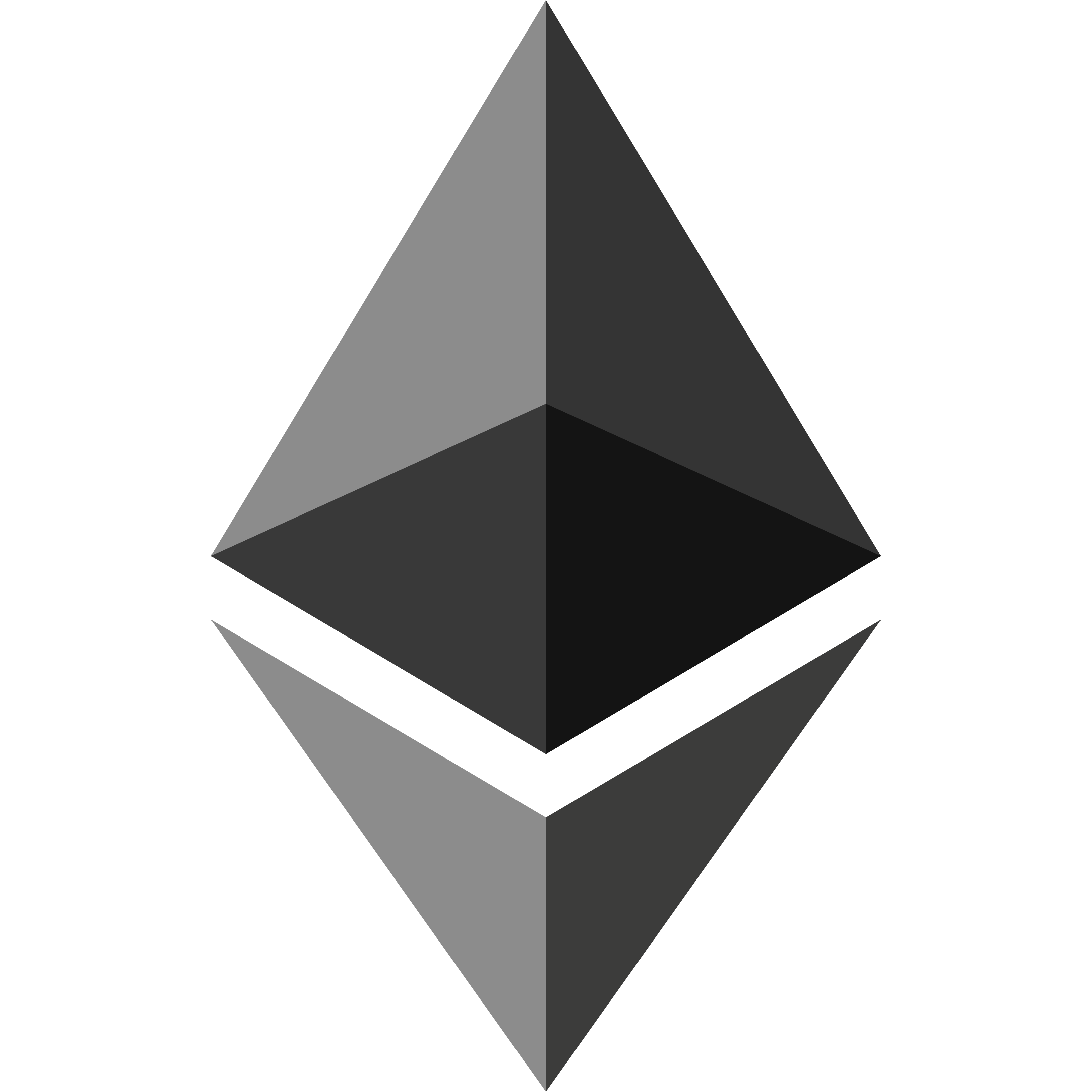 L'image représente le logo Ethereum, parfait pour ceux qui s'intéressent à l'achat de cryptomonnaies. Il se compose d’une figure géométrique 3D en forme de losange, divisée en deux parties. La partie supérieure est dans des tons de gris et la partie inférieure est dans des tons de gris et de noir plus foncés, sur un fond transparent.