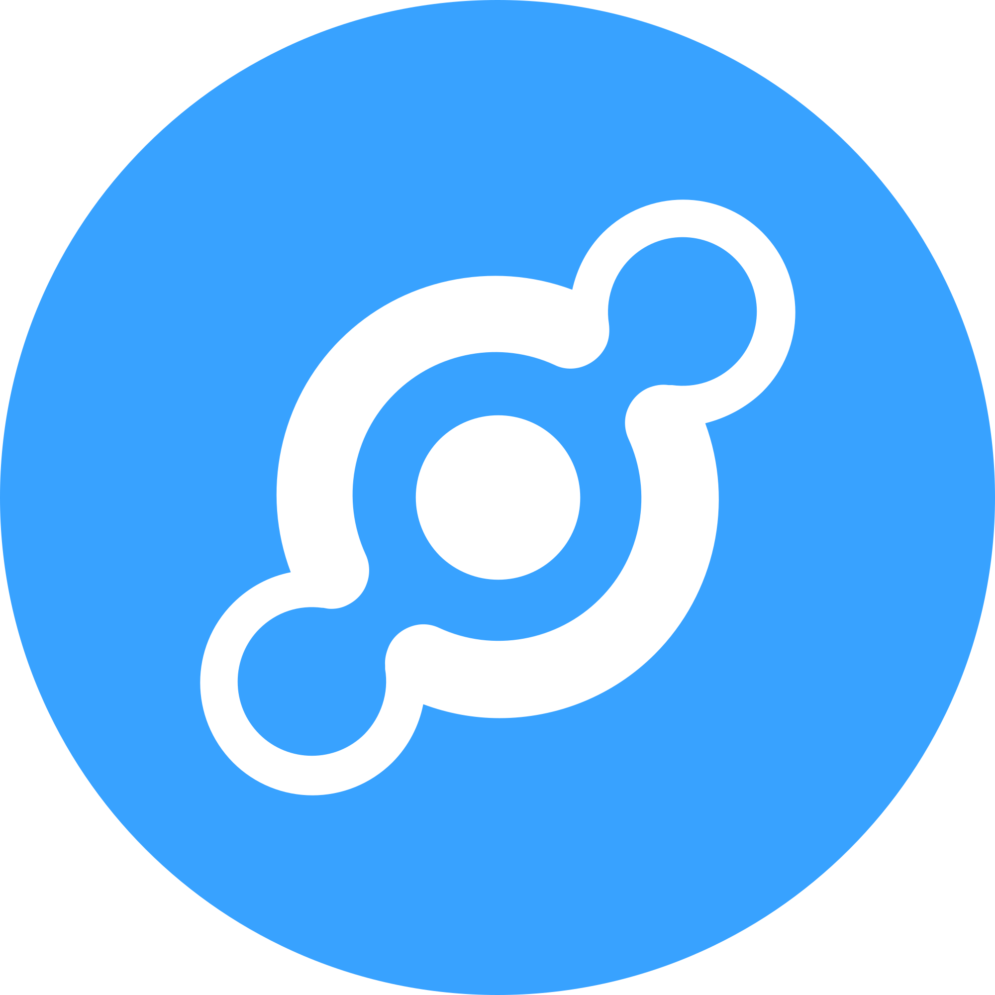 Un cercle bleu avec un motif noir au centre, présentant une forme circulaire reliée à deux cercles symétriques plus petits par des barres courtes, ressemblant à une structure moléculaire ou à une icône de réseau abstraite pour les achats de cryptomonnaies.