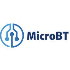 L'image montre le logo de MicroBT, une entreprise. Le logo se compose du texte « MicroBT » en bleu, avec « Micro » en gras et « BT » en poids normal. À gauche du texte, il y a un dessin circulaire avec trois lignes et trois points, ressemblant à un circuit imprimé simplifié. Accueil